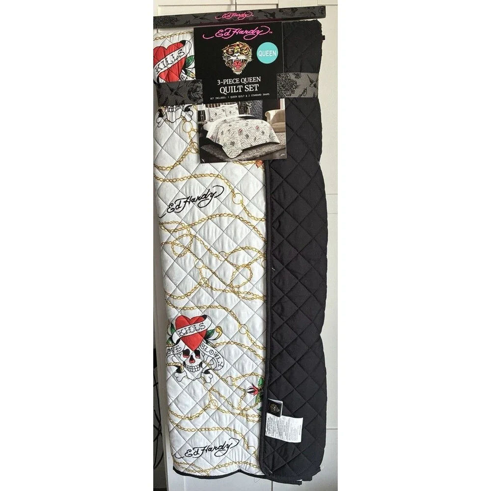 Ed Hardy Queen Quilt Set 3 Piece Queen Bedding Skull Heart Roses New